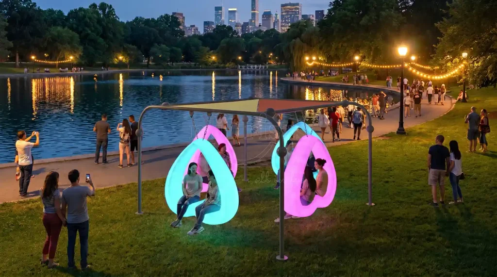 Public park interactive LED heart-shaped swing chair near a lake, glow-in-the-dark outdoor seating for urban landscape lighting.