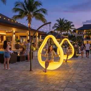 Circular Outdoor Swing Chair with Hanging Arc LED lighting in a commercial resort landscape
