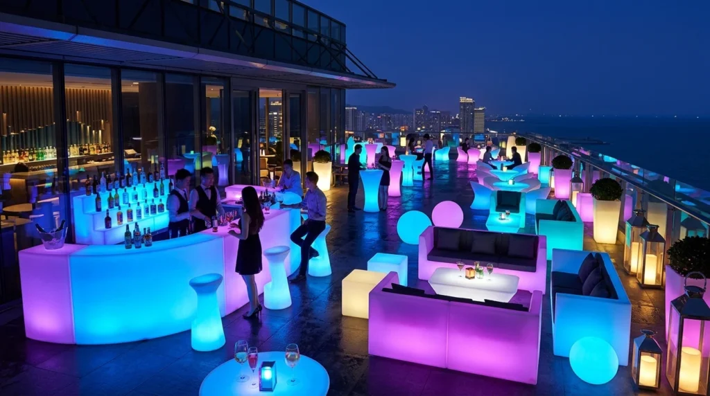 Professional LED furniture manufacturer provides glowing bar counters and illuminated lounge furniture for rooftop commercial venues.