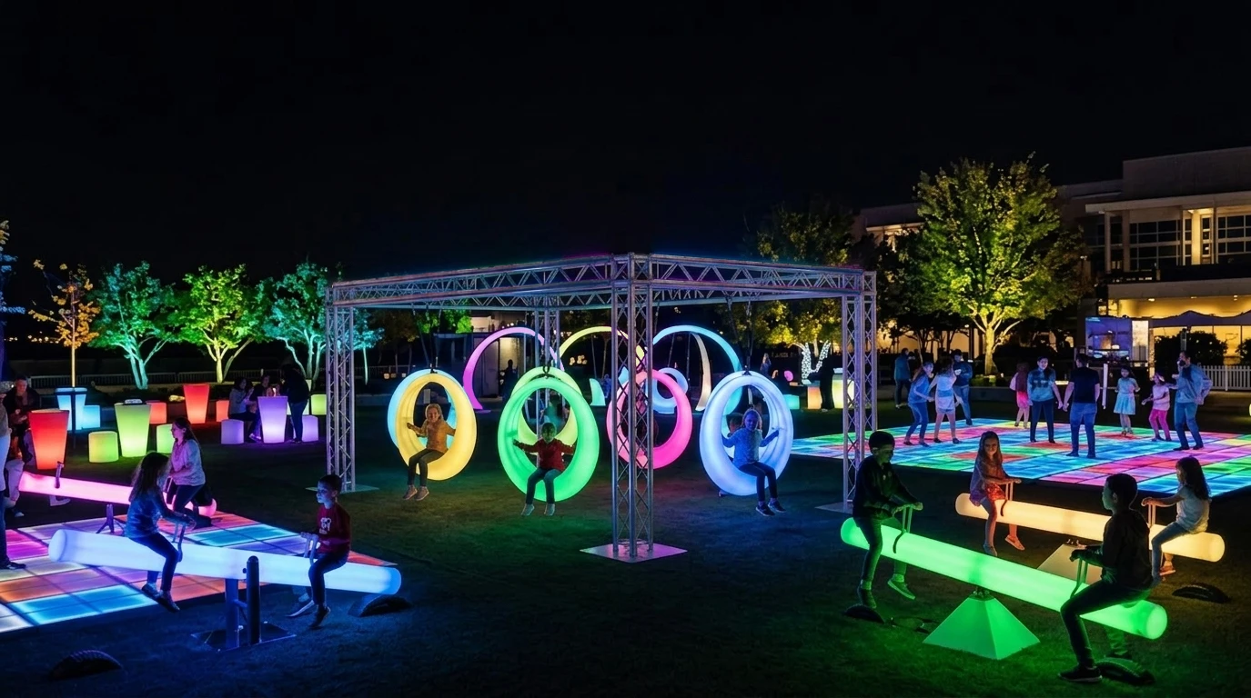 LED furniture manufacturer provides interactive light-up playground equipment, including glowing circular swings and seesaws, for outdoor commercial projects.